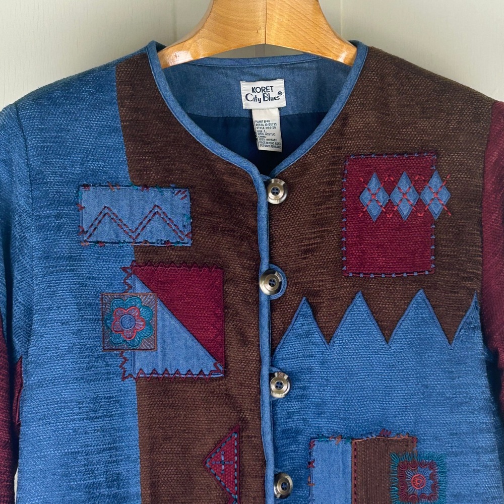 Vintage Jacket Women Large Blue Brown Patchwork Embroidered Bohemian Eclectic